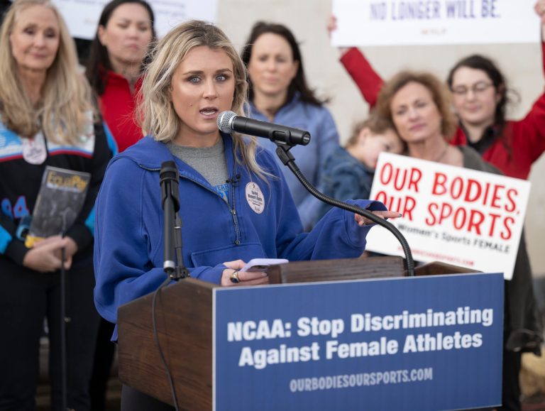 Former University of Kentucky swimmer Riley Gaines speaks during a rally on Thursday, Jan. 12, 2023, outside of the NCAA Convention in San Antonio.