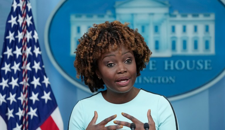 White House press secretary Karine Jean-Pierre speaks during the daily briefing at the White House in Washington, Friday, Jan. 13, 2023.