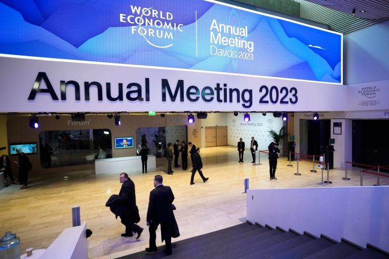 People gather in the Davos Congress Center prior to the start of the World Economic Forum in Davos, Switzerland, Monday, Jan. 16, 2023. The annual meeting of the World Economic Forum is taking place in Davos from Jan. 16 until Jan. 20, 2023. 