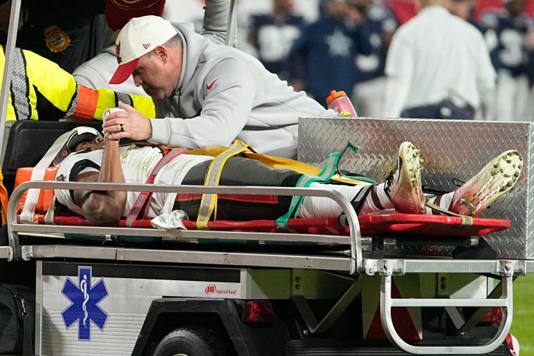 Tampa Bay Buccaneers wide receiver Russell Gage is taken off the filed after being injured against the Dallas Cowboys during the second half of an NFL wild-card football game, Monday, Jan. 16, 2023, in Tampa, Florida.