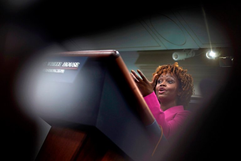 White House press secretary Karine Jean-Pierre speaks during the daily briefing at the White House in Washington, Tuesday, Jan. 17, 2023. 