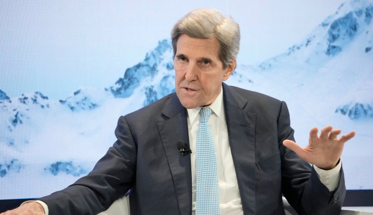 John Kerry, United States special presidential envoy for climate, discusses on a podium at the World Economic Forum in Davos, Switzerland, on Wednesday, Jan. 18, 2023. The annual meeting of the World Economic Forum is taking place in Davos from Jan. 16 until Jan. 20, 2023.