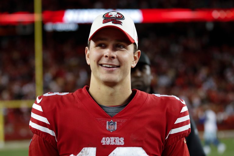 San Francisco 49ers quarterback Brock Purdy smiles after the 2023 NFL divisional round playoff football game where his team defeated the Dallas Cowboys 19-12 in Santa Clara, California, on Sunday, Jan. 22, 2023. 
