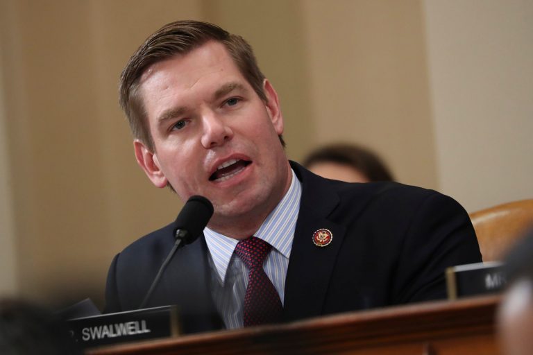 Rep. Eric Swalwell (D-CA) speaks during the second public impeachment hearing of President Donald Trump's efforts to tie U.S. aid for Ukraine to investigations of his political opponents. Minority Leader Hakeem Jeffries has nominated Rep. Adam Schiff (D-CA) and Swalwell for the Intelligence Committee in open defiance of House Speaker Kevin McCarthyâs (R-CA) vow to block them.
