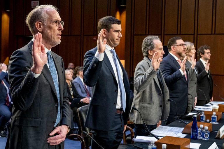 From left, Live Nation Entertainment President and Chief Financial Officer Joe Berchtold, SeatGeek Chief Executive Officer Jack Groetzinger, Jam Productions Chief Executive Officer and President Jerry Mickelson, the James Madison Institute Senior Vice President Sal Nuzzo, American Antitrust Institute Vice President for Legal Advocacy Kathleen Bradish, and singer-songwriter Clyde Lawrence are sworn in to testify before a Senate Judiciary Committee hearing to examine promoting competition and protecting consumers in live entertainment on Capitol Hill in Washington, Tuesday, Jan. 24, 2023. 