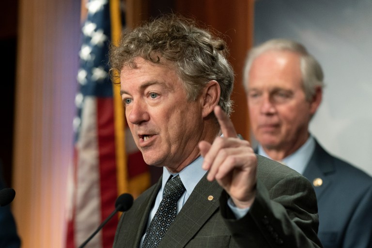 Sen. Rand Paul, R-Ky., with Sen. Ron Johnson, R-Wis., right, talks about debt ceiling during a news conference on Capitol Hill in Washington, Wednesday, Jan. 25, 2023. 
