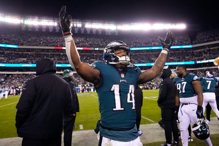 Philadelphia Eagles running back Kenneth Gainwell celebrates during the second half of the NFC Championship NFL football game between the Philadelphia Eagles and the San Francisco 49ers on Sunday, Jan. 29, 2023, in Philadelphia.