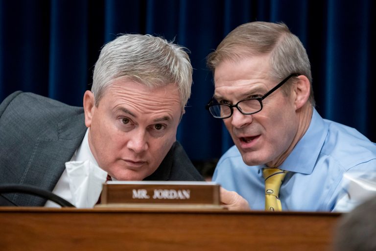 House Oversight and Accountability Committee Chairman James Comer (R-KY), left, confers with House Judiciary Committee Chairman Jim Jordan (R-OH).