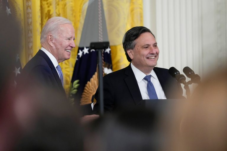 President Joe Biden joins outgoing White House chief of staff Ron Klain.