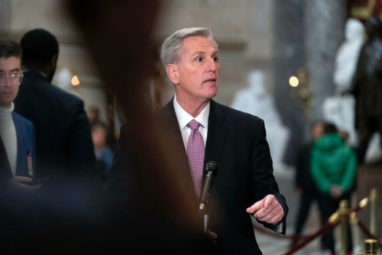 House Speaker Kevin McCarthy (R-CA) meets with reporters just after the new House Republican majority ousted Democratic Rep. Ilhan Omar, a Somali-born Muslim from Minnesota, from the House Foreign Affairs Committee, at the Capitol in Washington, Thursday, Feb. 2, 2023.