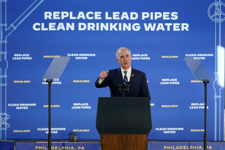 Sen. Bob Casey, D-Pa., speaks before President Joe Biden about his infrastructure agenda while announcing funding to upgrade Philadelphia's water facilities and replace lead pipes, Friday, Feb. 3, 2023, at Belmont Water Treatment Center in Philadelphia. 
