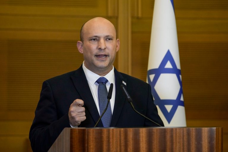 FILE - Israeli Prime Minister Naftali Bennett delivers a statement at the Knesset, Israel's parliament, in Jerusalem on June 29, 2022. (AP Photo/Tsafrir Abayov, File)