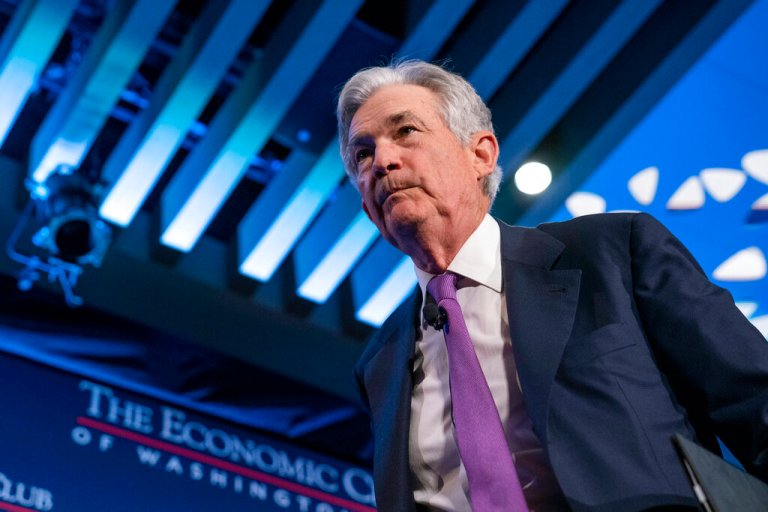 Federal Reserve Chair Jerome Powell walks off the stage after speaking at the Economic Club of Washington, Tuesday, Feb. 7, 2023, at the Renaissance Hotel in Washington. 