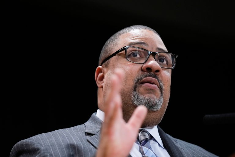 Manhattan District Attorney Alvin Bragg participates in a news conference in New York, Tuesday, Feb. 7, 2023.