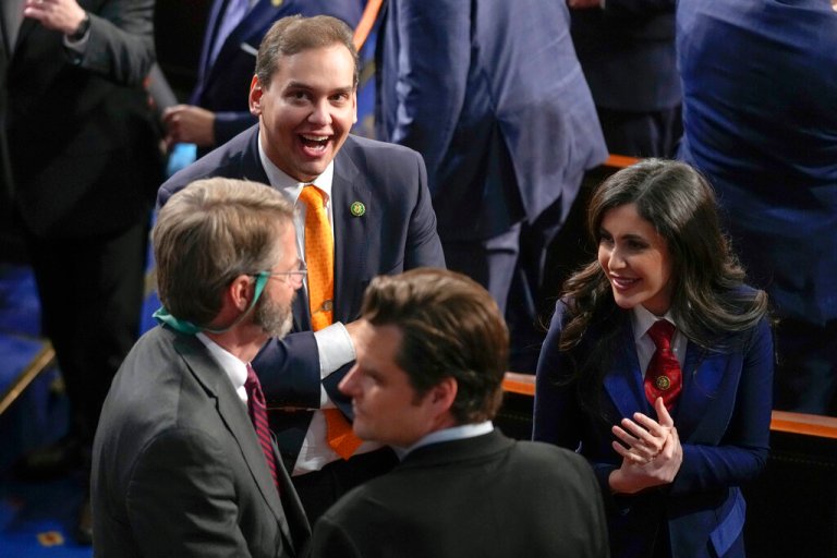 Rep. George Santos, R-N.Y., gathers with Republicans in the House Chamber before President Joe Biden delivers the State of the Union address on Feb 7, 2023.