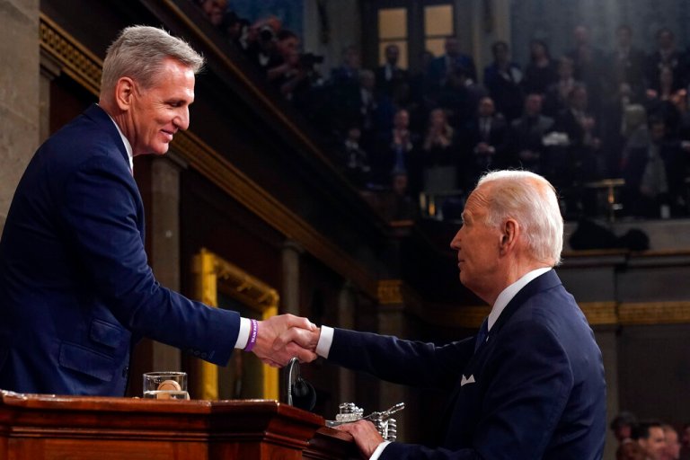 President Joe Biden shakes hands with House Speaker Kevin McCarthy of Calif., after the State of the Union address to a joint session of Congress at the Capitol, Tuesday, Feb. 7, 2023, in Washington. 