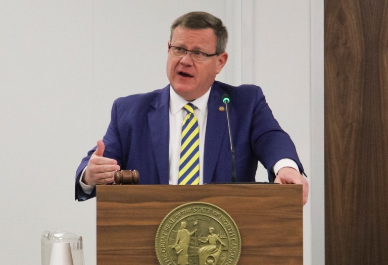 Republican North Carolina House Speaker Tim Moore presents his bill increasing punishments for violent protests before the House Judiciary Committee at the Legislative Office Building in Raleigh, N.C., on Wednesday, Feb. 8, 2023. 