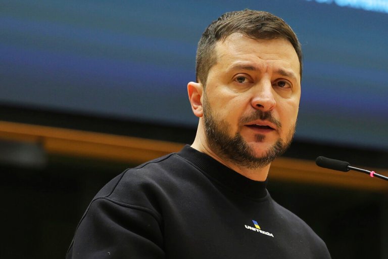 Ukraine's President Volodymyr Zelenskyy speaks during an EU summit at the European Parliament in Brussels, Belgium, Thursday, Feb. 9, 2023. On Thursday, Zelenskyy will join EU leaders at a summit in Brussels, which German Chancellor Olaf Scholz described as a 