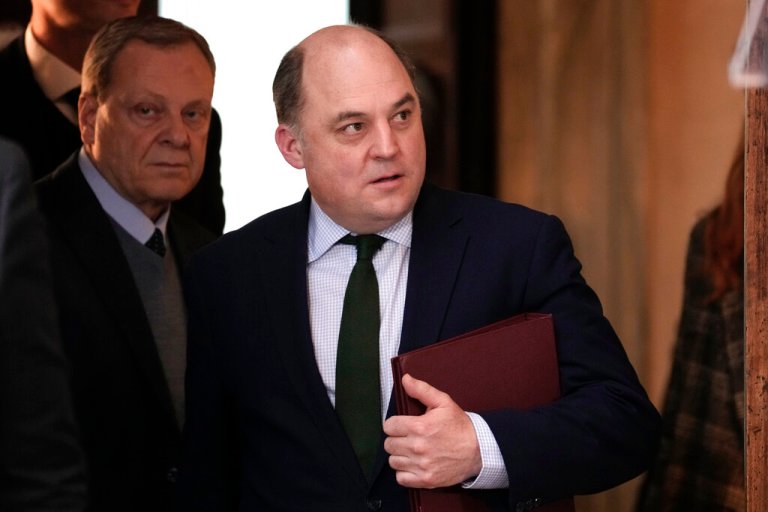 Britain's Defense Secretary Ben Wallace arrives for a press conference in Rome, Thursday, Feb. 9, 2023.