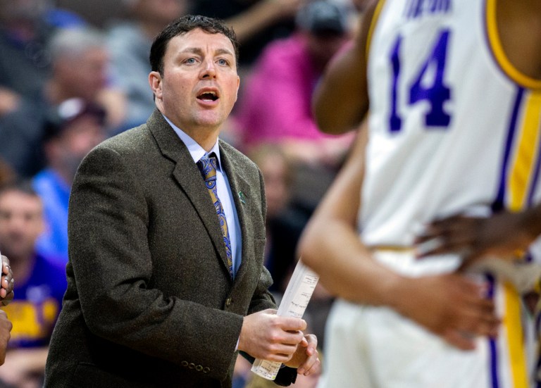 Then-LSU assistant coach Greg Heiar shouts from the sideline during the team's NCAA men's college basketball tournament game against Yale in Jacksonville, Florida, March 21, 2019. 