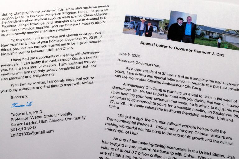 In a letter photographed Feb. 13, 2022, Utah professor Taowen Le sent a letter to Utah Gov. Spencer Cox in 2022 urging him to meet with a Chinese ambassador. Le is among China's most vocal advocates in the state. An investigation found that Chinaâs global influence campaign has been surprisingly robust and successful in Utah. 