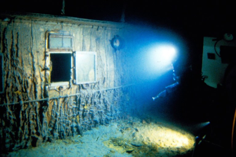 This image shows the deck of Titanic 12,500 feet below the surface of the ocean, 400 miles off the coast of Newfoundland, Canada in 1986. Rare, and in some cases never-before-publicly-seen, video of the dive was released on Wednesday, Feb. 15, 2023, by the Woods Hole Oceanographic Institution. 