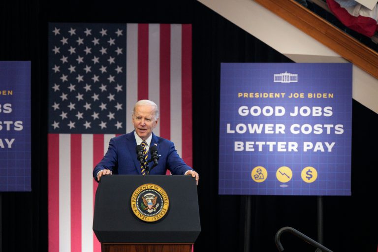 President Joe Biden speaks about the economy to union members at the IBEW Local Union 26, Wednesday, Feb. 15, 2023, in Lanham, Md.