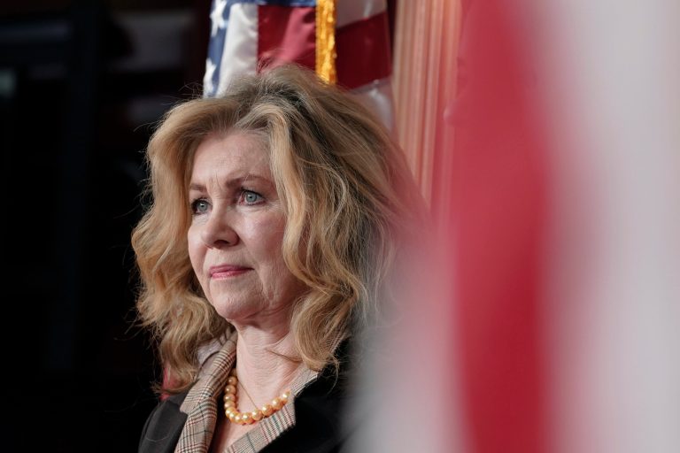Sen. Marsha Blackburn, R-Tenn.,speaks during a news conference on the border, Wednesday, Feb. 15, 2023, on Capitol Hill in Washington.