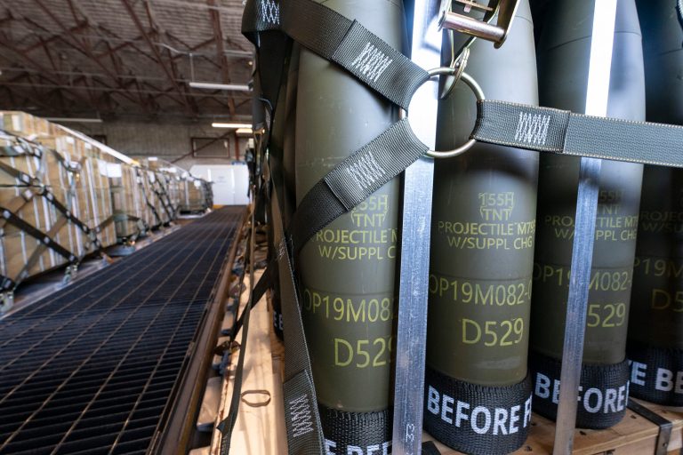Pallets of 155 mm shells ultimately bound for Ukraine are loaded by the 436th Aerial Port Squadron, April 29, 2022, at Dover Air Force Base, Del. As the war rages on in Ukraine, the United States is doing more than supporting an ally. It's learning lessons â with an eye toward a possible clash with China. 