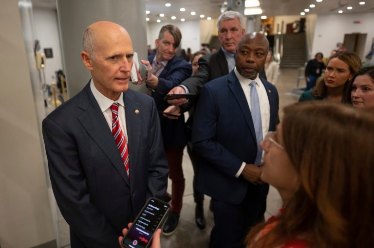 U.S. Senator Rick Scott, R-FL., and U.S. Senator Tim Scott, R-SC., are seen on Capitol Hill in Washington, D.C., on Wednesday, February 15, 2023.