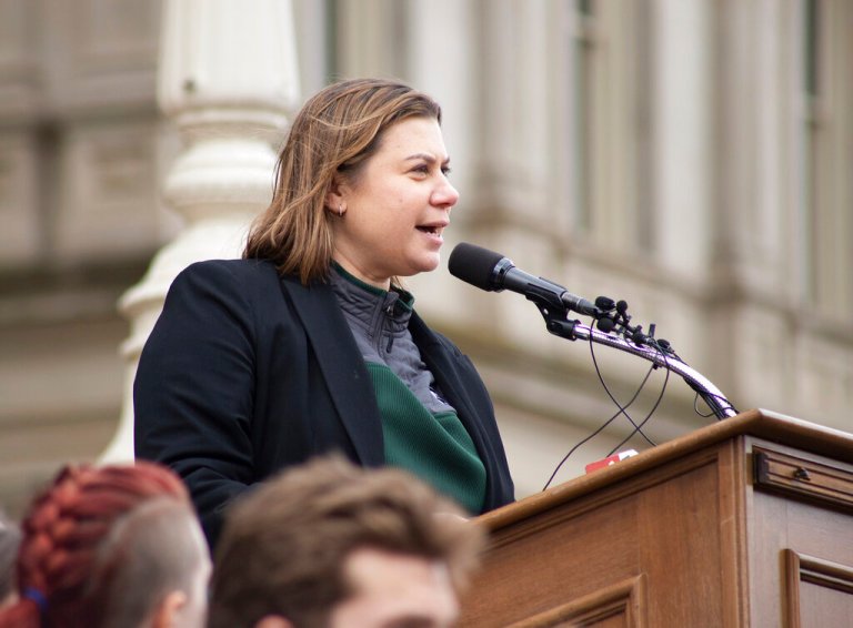 Representative Elissa Slotkin speaks to the crowd during a protest against gun violence at a student sit in at the Michigan Capitol building following a mass shooting at Michigan State University earlier in the week, in Lansing, Mich., Wednesday, Feb. 15, 2023.