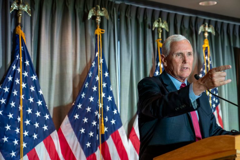 Former Vice President Mike Pence speaks at a Coolidge and the American Project luncheon in the Madison Building of the Library of Congress, Thursday, Feb. 16, 2023, in Washington.
