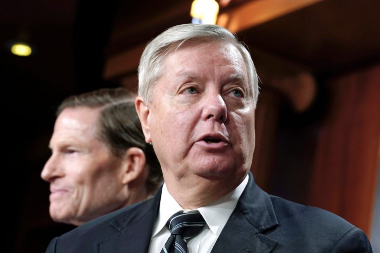 Sen. Lindsey Graham, R-S.C., right, with Sen. Richard Blumenthal, D-Conn., left, speak during a news conference on legislation labeling the Russian Wagner Group as one of the Foreign Terrorist Organizations, Thursday, Feb. 16, 2023, on Capitol Hill in Washington. 