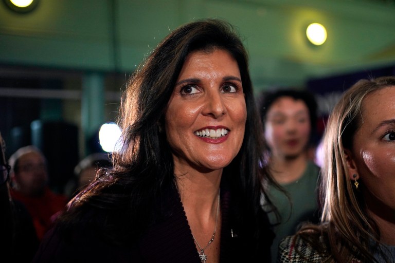 Republican presidential candidate Nikki Haley looks to supporters at a town hall campaign event, Thursday, Feb. 16, 2023, in Exeter, N.H.
