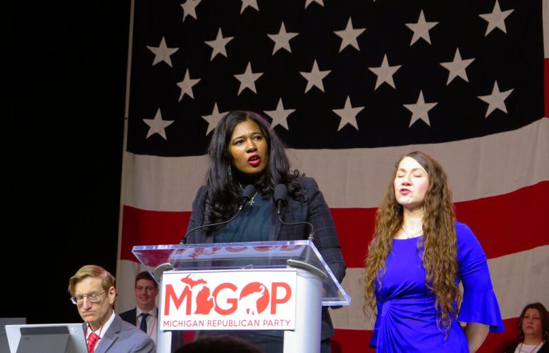 Kristina Karamo speaks to Michigan Republican Party delegates Saturday, Feb. 18, 2023, in Lansing, Michigan. 