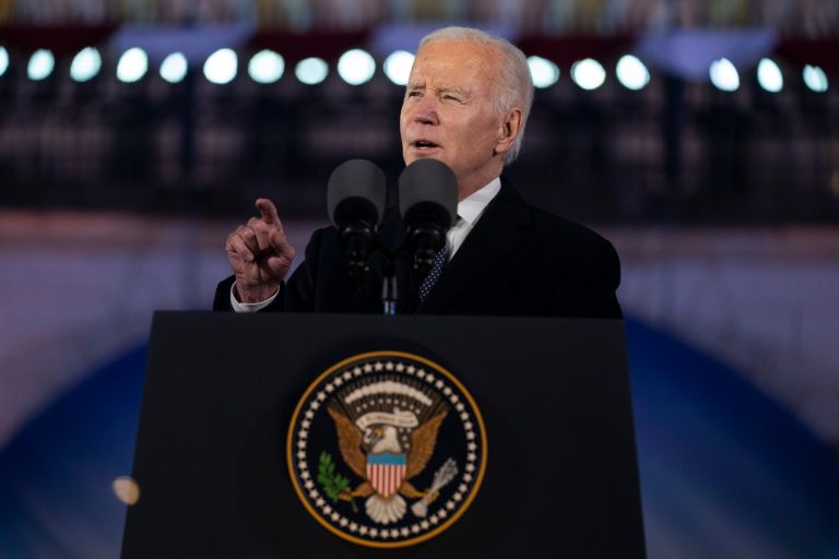 President Joe Biden delivers a speech marking the one-year anniversary of the Russian invasion of Ukraine, at the Royal Castle Gardens, Tuesday, Feb. 21, 2023, in Warsaw. 