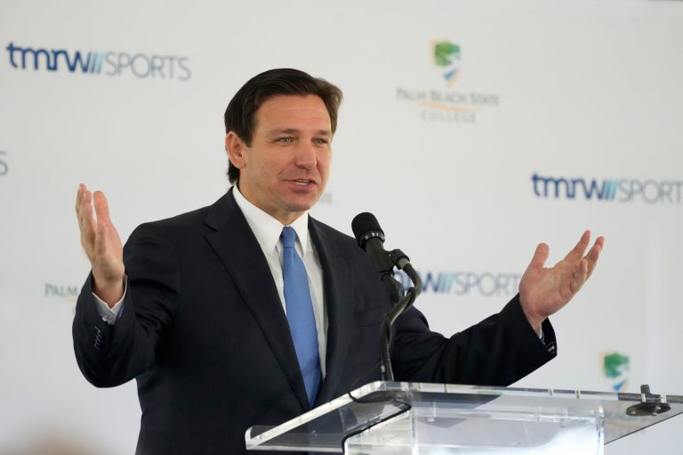 Florida Gov. Ron DeSantis speaks during a news conference announcing the future home of TGL, a new tech-infused, team golf league, Tuesday, Feb. 21, 2023, on the campus of Palm Beach State College in Palm Beach Gardens, Fla. 