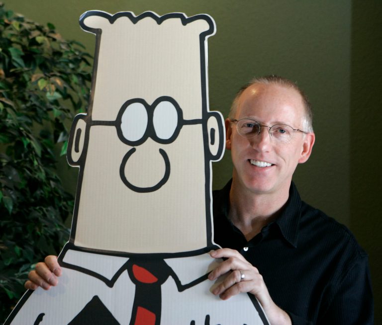 Scott Adams, creator of the comic strip Dilbert, poses for a portrait with the Dilbert character in his studio in Dublin, California on Oct. 26, 2006. 