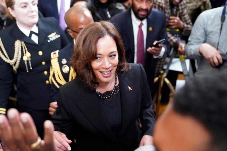 Vice President Kamala Harris leaves an event to celebrate Black History Month, Monday, Feb. 27, 2023, in the East Room of the White House in Washington.
