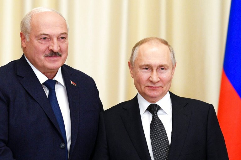 Russian President Vladimir Putin, right, and Belarusian President Alexander Lukashenko pose for a photo prior to their talks at the Novo-Ogaryovo state residence, outside Moscow, Russia, Feb. 17, 2023.