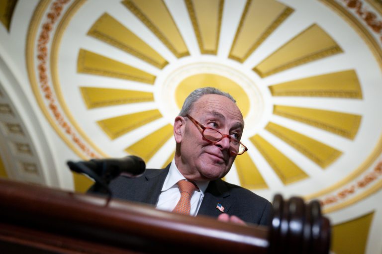 Senate Majority Leader Chuck Schumer, D-N.Y., speaks to reporters following a closed-door policy meeting, at the Capitol in Washington, Tuesday, Feb. 28, 2023. 