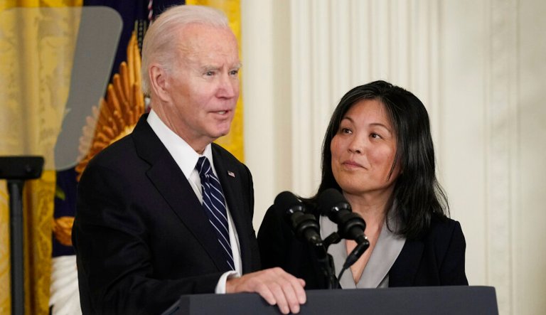 President Joe Biden talks about his nomination of Julie Su, right, to serve as the Secretary of Labor during an event in the East Room of the White House in Washington, Wednesday, March 1, 2023. 