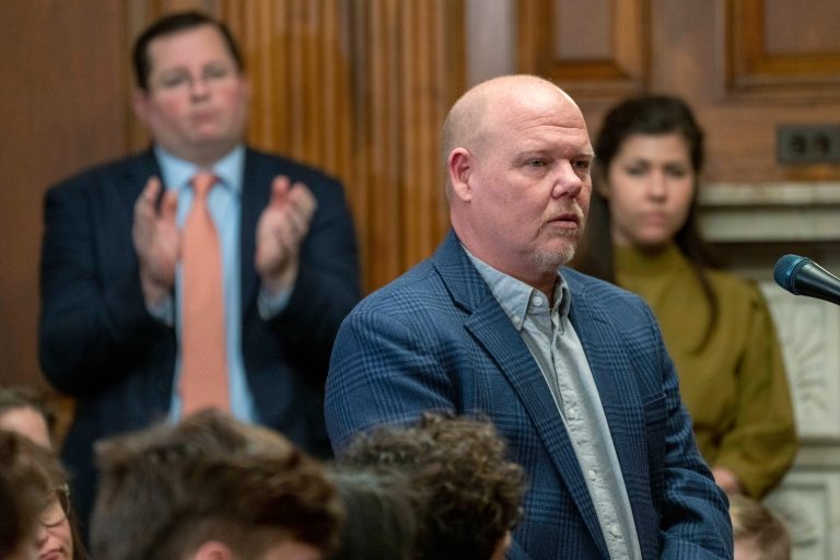 Scott Smith of Loudoun County, Virginia, speaks during an event for a proposed legislation dubbed the 
