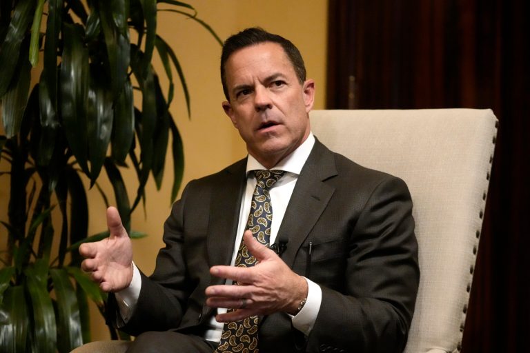 Utah Republican House Speaker Brad Wilson speaks during a news briefing during the final day of the Utah legislature on Friday, March 3, 2023, at the Utah State Capitol in Salt Lake City.