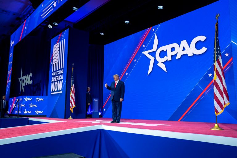 Former President Donald Trump gives thumbs up after speaking at the Conservative Political Action Conference, CPAC 2023, Saturday, March 4, 2023, at National Harbor in Oxon Hill, Md. 