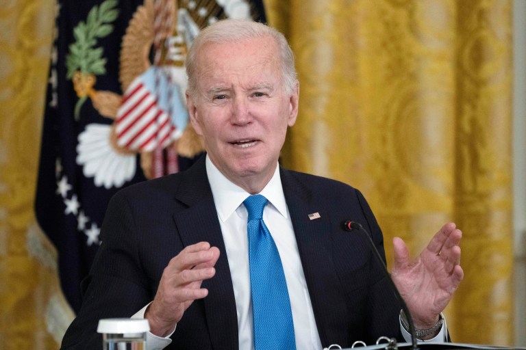 President Joe Biden speaks during a meeting with the National Governors Association in the East Room on Feb. 10, 2023, in Washington. 