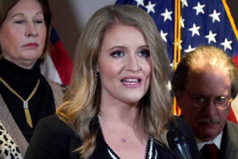 Jenna Ellis, a former member of then-President Donald Trump's legal team, speaks during a news conference at the Republican National Committee headquarters, Nov. 19, 2020, in Washington. Ellis acknowledged making 10 separate false statements on television and Twitter about the election. 