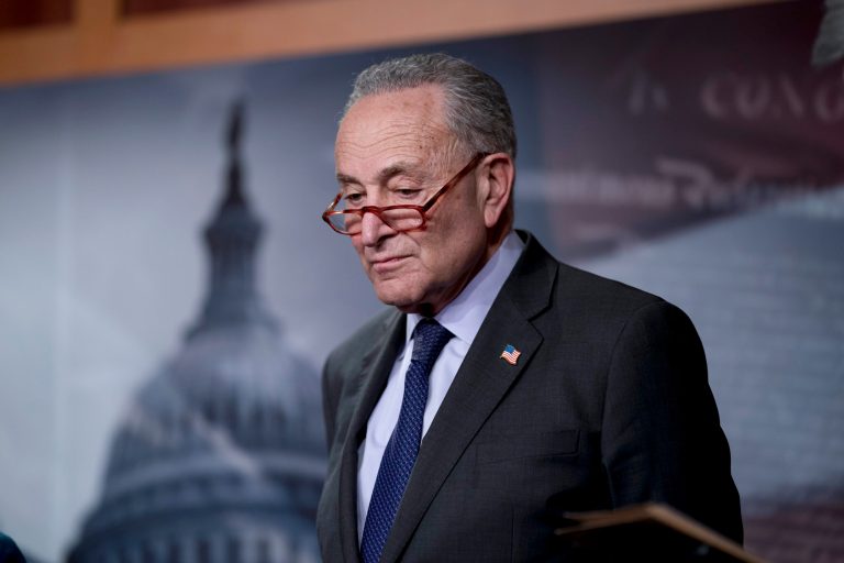 Senate Majority Leader Chuck Schumer (D-NY) pauses as he talks to reporters about President Joe Biden's budget proposal at the Capitol in Washington, Thursday, March 9, 2023.