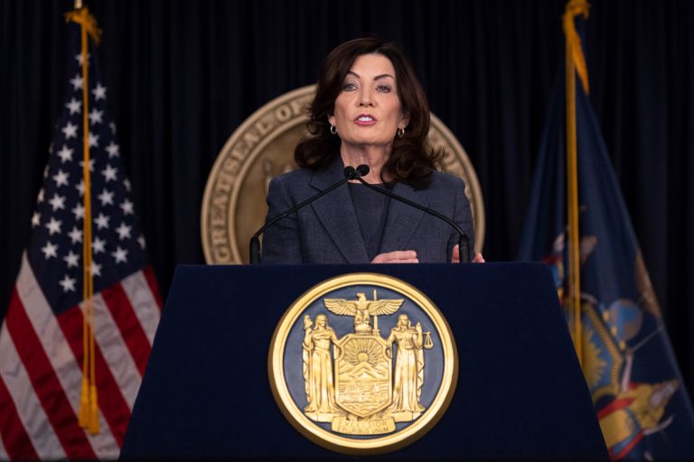 New York Governor Kathy Hochul addresses the media during a press conference in response to the Signature Bank's closure in New York, Monday, March. 13, 2023. 
