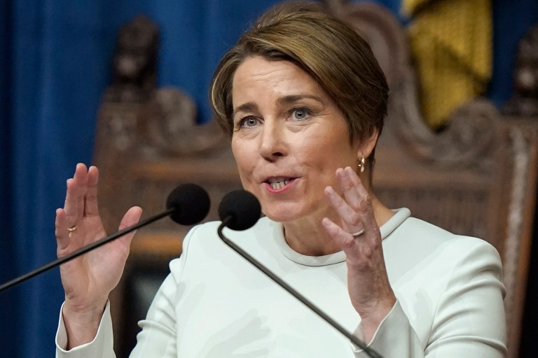 FILE - Massachusetts Gov. Maura Healey delivers her inaugural address in the House Chamber at the Statehouse on Jan. 5, 2023, in Boston. (AP Photo/Steven Senne, File)